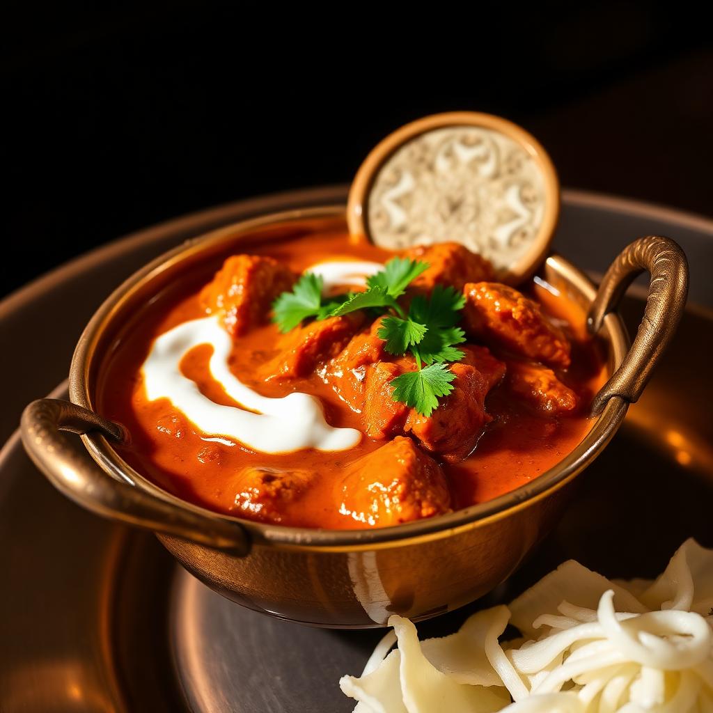 Butter chicken in a copper handi