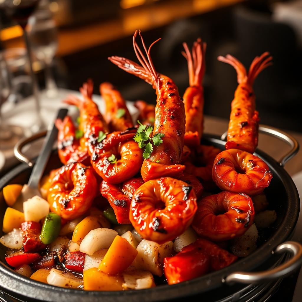 Chicken shashlik with king prawns